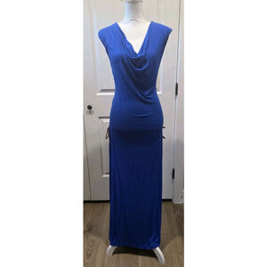 Sky Women's Leather Accent Maxi Electric Blue Dress Size XS NWT Side Slits
